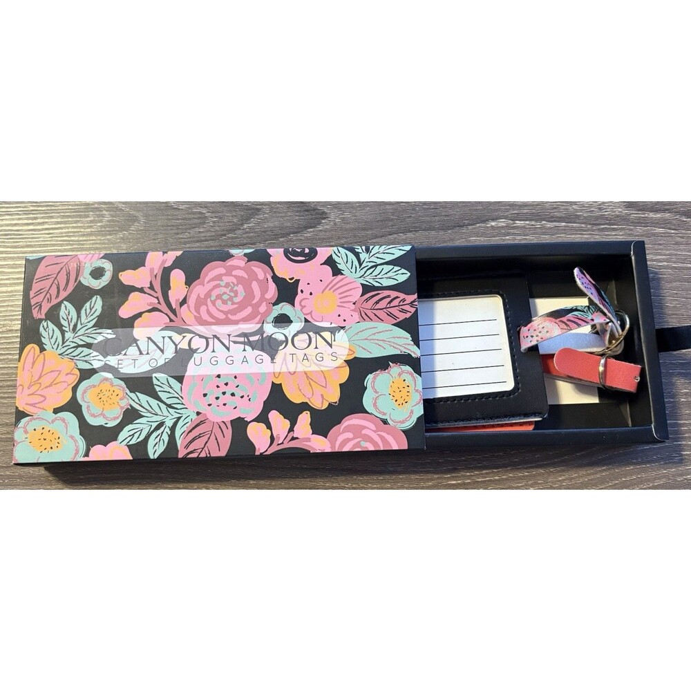 Canyon Moon Set of 2 Faux Leather Floral & Wander Luggage Tags with Address Card